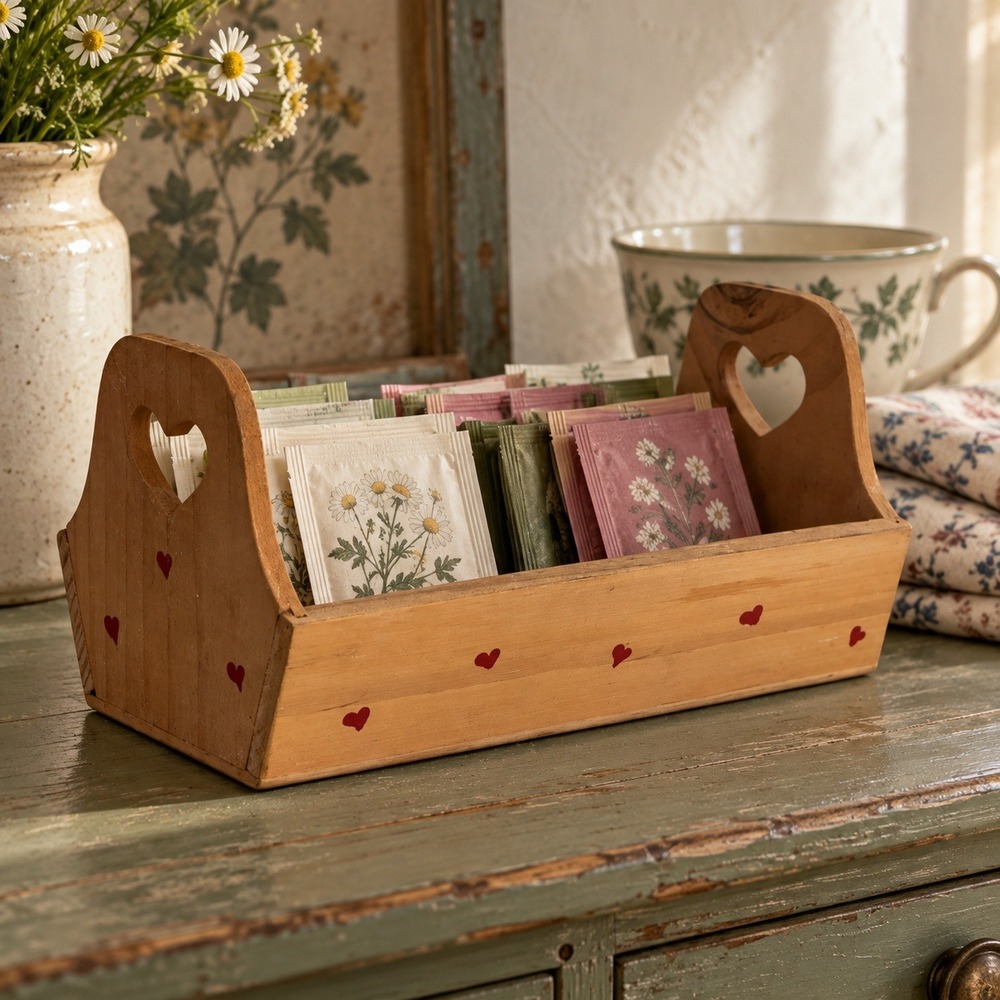 Vintage Wooden Heart Caddy, Petite Tea Bag Holder, Cottage Kitchen Decor